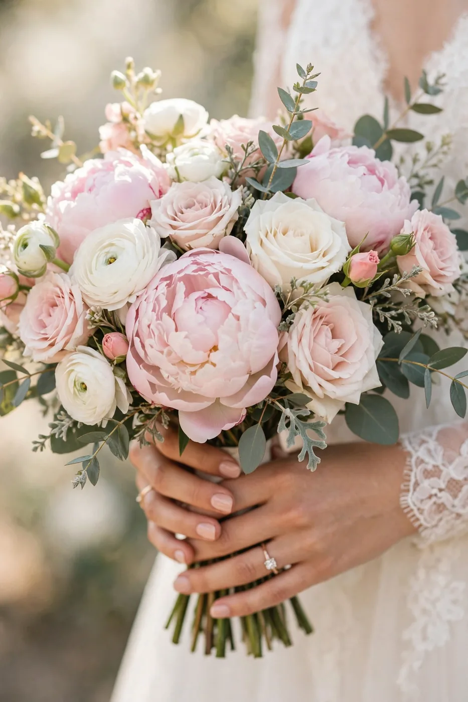 Blush pink and white bridal bouquet with peonies and roses close-up
