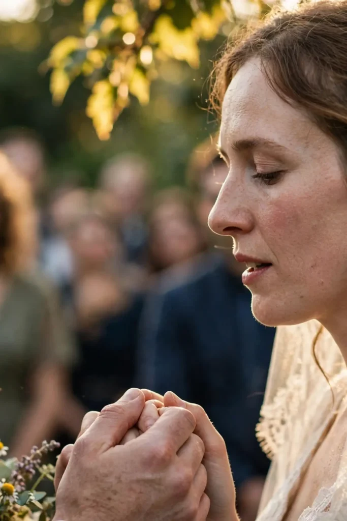 Close-up of a bride and groom exchanging vows at an intimate outdoor ceremony with guests softly blurred behind them