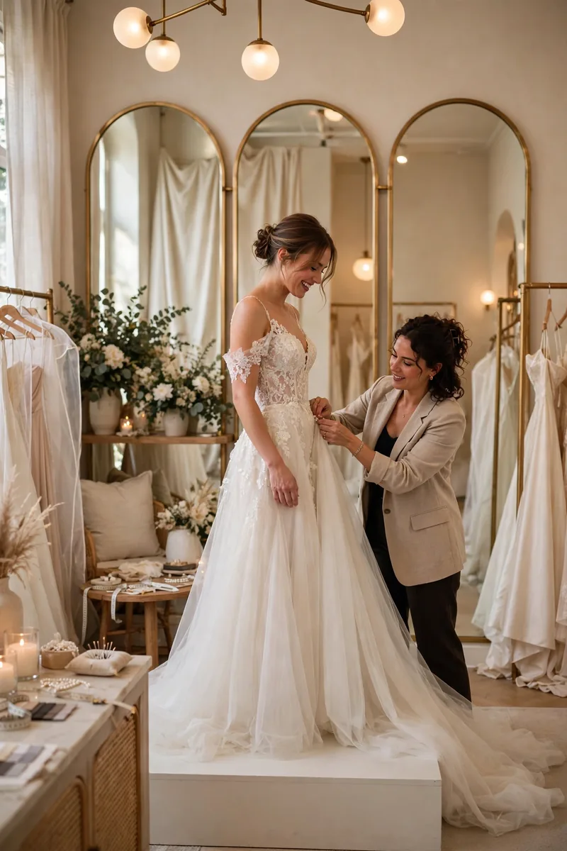 Bride trying on a wedding gown in a bridal boutique with consultant