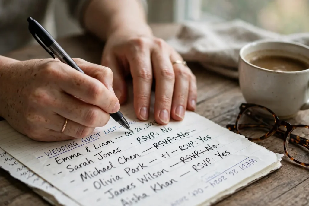 Hands crossing out names on a handwritten wedding guest list with a pen, coffee cup nearby