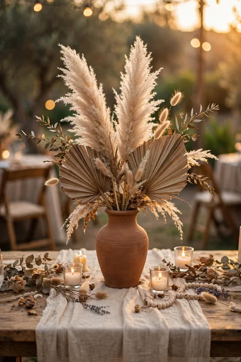 Boho DIY wedding centerpiece with tall pampas grass plumes and dried flowers in a terracotta vase