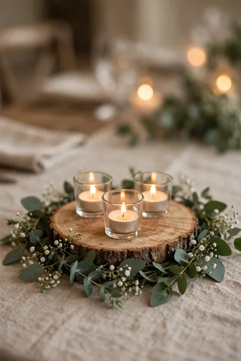 Budget DIY wedding centerpiece on a wood slice with glass votive holders, glowing tea lights, eucalyptus and baby's breath