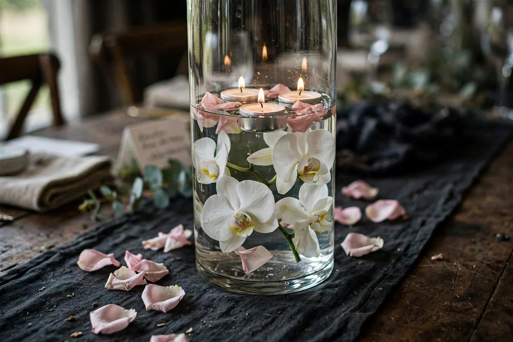 Classic romantic DIY wedding centerpiece with a glass cylinder vase, floating candles, water and submerged white flowers