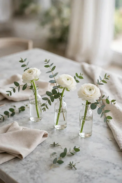 Modern minimalist DIY wedding centerpiece with three glass bud vases holding single white ranunculus stems and eucalyptus