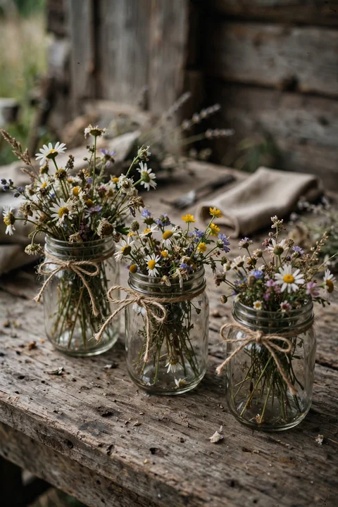 Rustic DIY wedding centerpiece with three mason jars tied with twine and filled with wildflowers on a wooden table