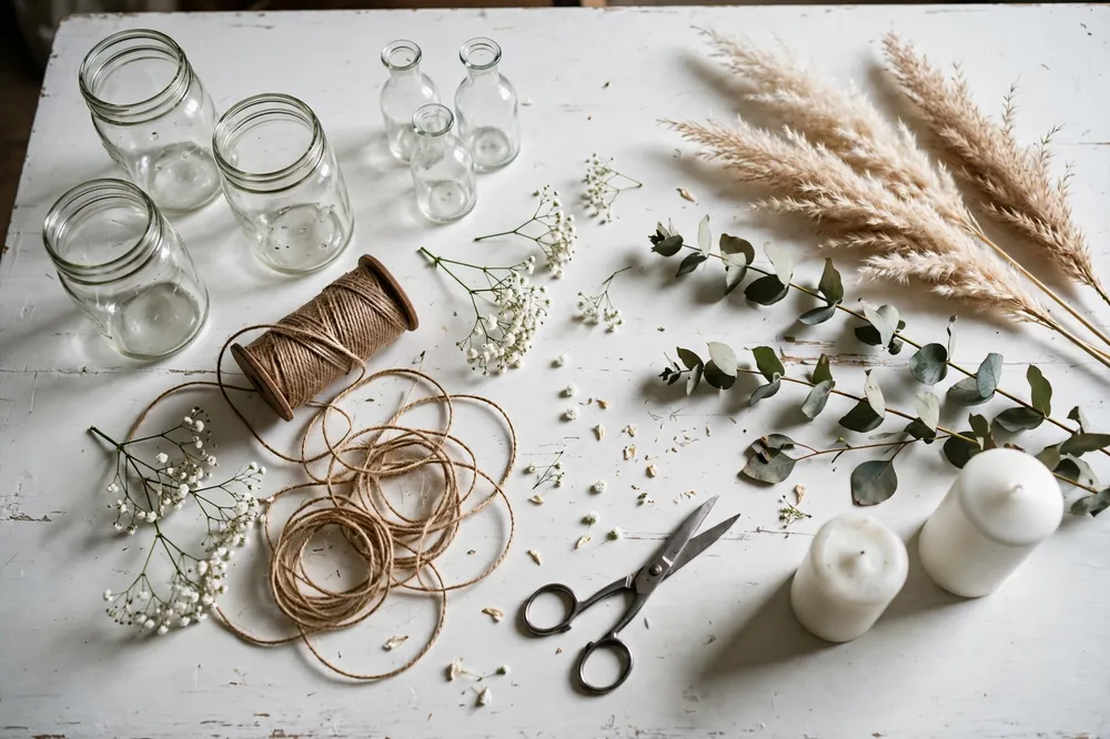 Flat lay of DIY wedding centerpiece supplies including mason jars, bud vases, twine, baby's breath, eucalyptus, pillar candles and pampas grass