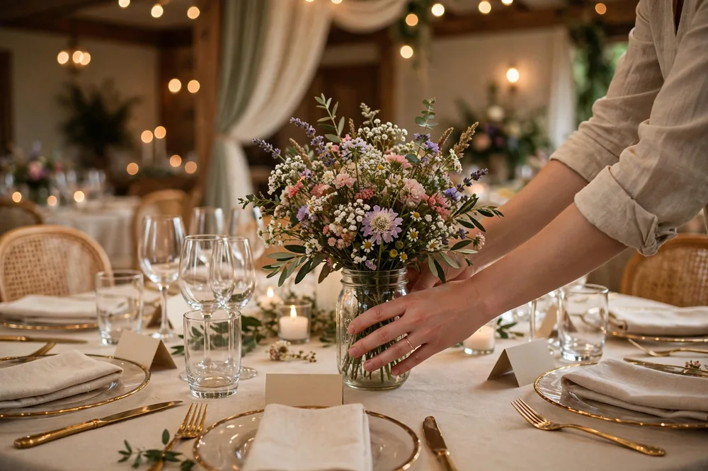 Hands placing a finished mason jar wildflower centerpiece on a decorated wedding reception table during setup