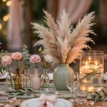 Five DIY wedding centerpiece styles displayed on an elegant reception table with warm romantic lighting