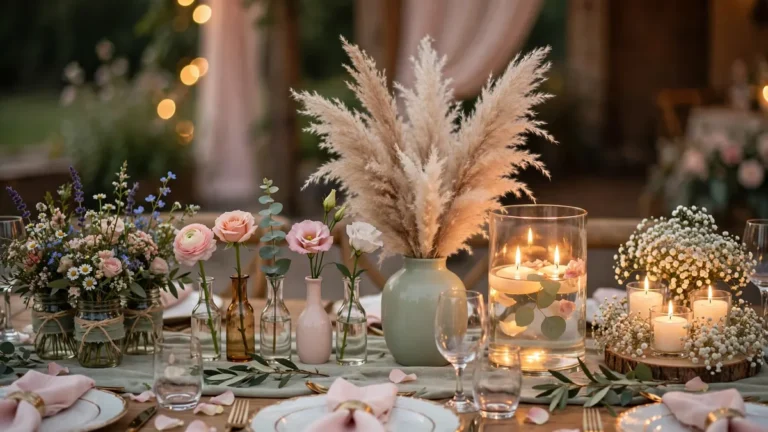 Five DIY wedding centerpiece styles displayed on an elegant reception table with warm romantic lighting