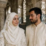 Muslim bride in ivory hijab and embroidered gown standing beside groom in cream sherwani inside a grand mosque with arched windows