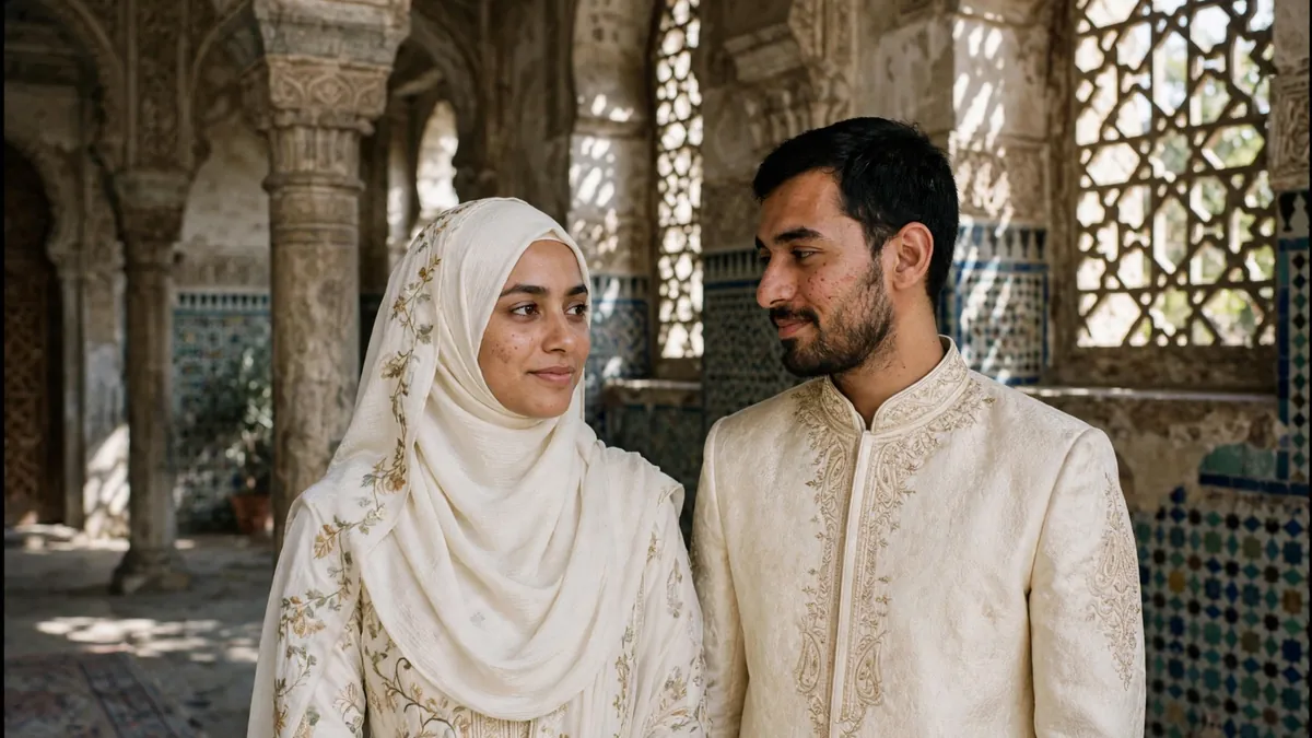 Muslim bride in ivory hijab and embroidered gown standing beside groom in cream sherwani inside a grand mosque with arched windows