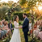 Bride and groom exchanging vows under a floral arch at an intimate outdoor wedding ceremony at golden hour, with guests seated on wooden benches