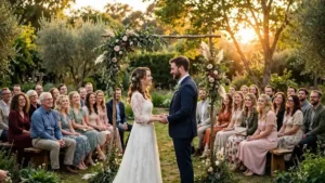 Bride and groom exchanging vows under a floral arch at an intimate outdoor wedding ceremony at golden hour, with guests seated on wooden benches