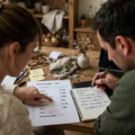 Engaged couple reviewing wedding budget planning documents and spreadsheet at a table