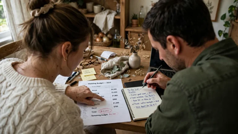 Engaged couple reviewing wedding budget planning documents and spreadsheet at a table