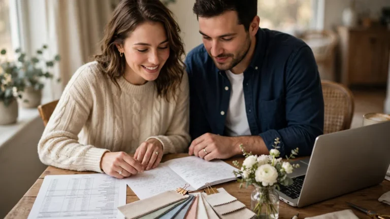 Engaged couple reviewing wedding budget planning documents and spreadsheet at a table