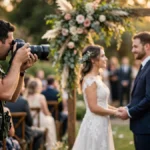 Wedding photographer capturing a bride and groom exchanging vows at an outdoor garden ceremony during golden hour