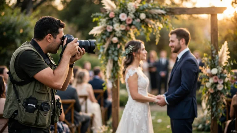 Wedding photographer capturing a bride and groom exchanging vows at an outdoor garden ceremony during golden hour