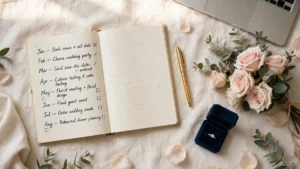 Wedding planning flat lay with a handwritten month-by-month checklist, gold pen, blush roses and wedding ring