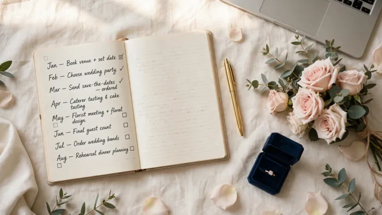 Wedding planning flat lay with a handwritten month-by-month checklist, gold pen, blush roses and wedding ring