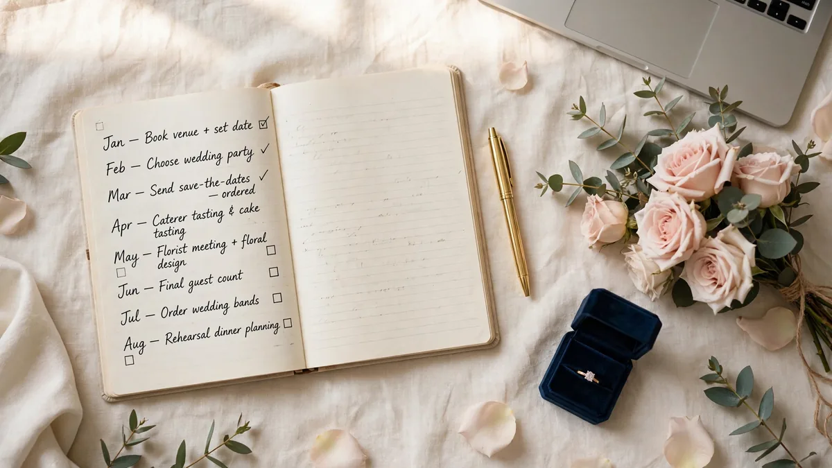 Wedding planning flat lay with a handwritten month-by-month checklist, gold pen, blush roses and wedding ring