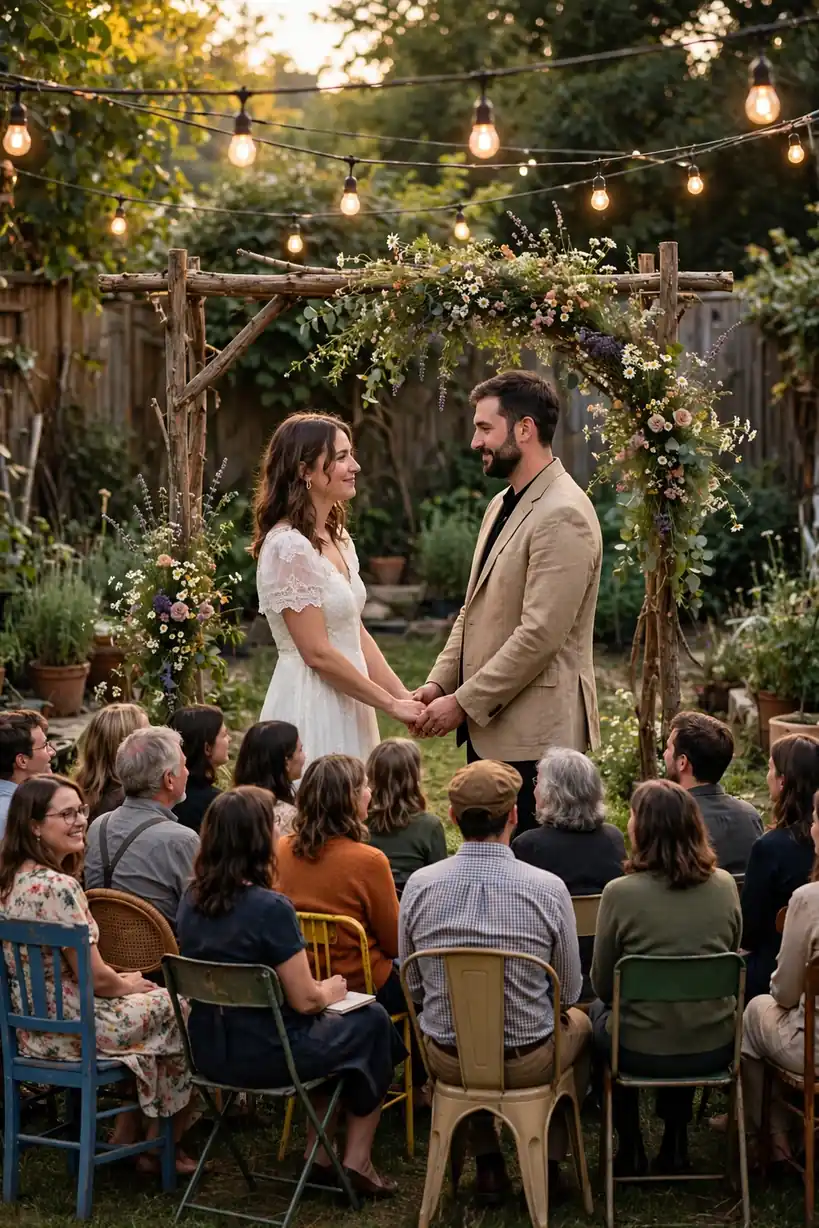 Couple holding hands at a simple wooden arch decorated with wildflowers during a small backyard wedding ceremony with string lights overhead