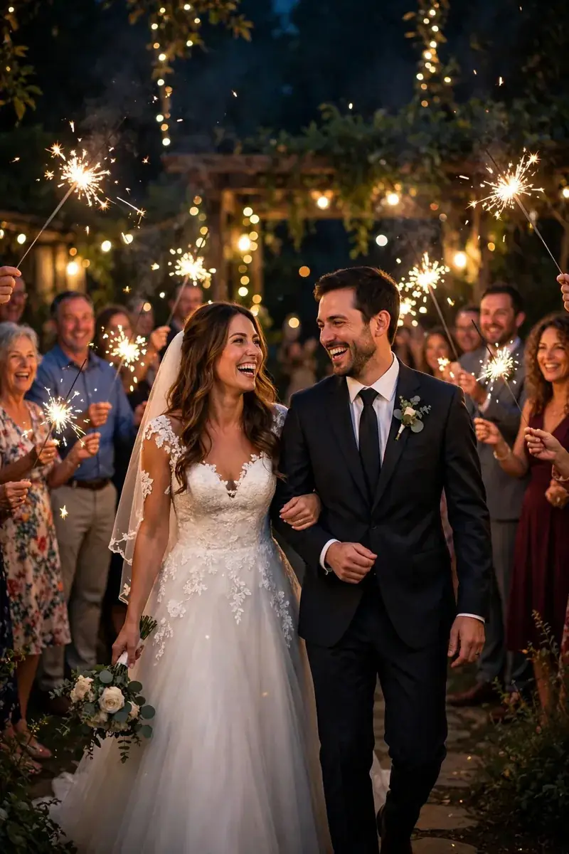 Newlywed couple walking through sparkler send-off at night