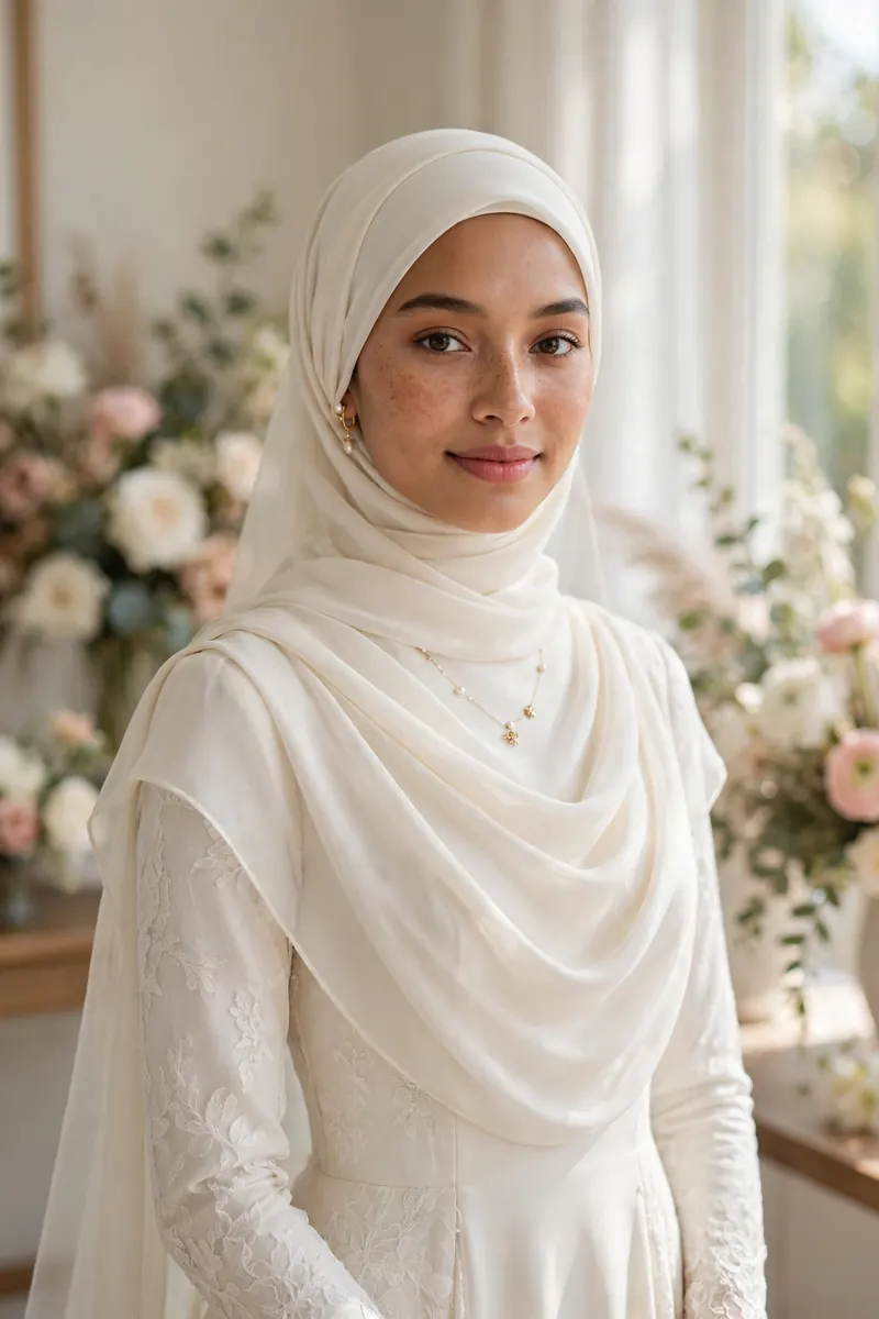 Muslim bride in a modest ivory wedding gown and softly draped hijab with gold jewelry