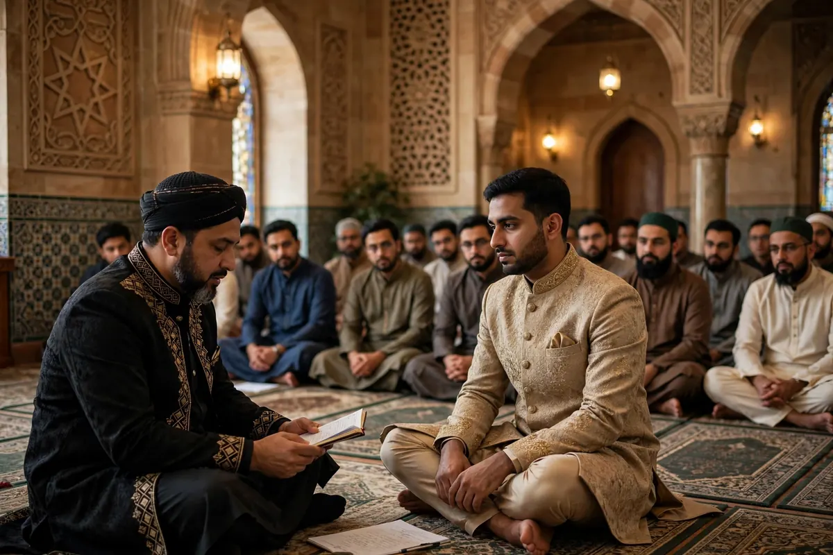 Imam officiating a nikkah ceremony in a mosque with the groom and male guests seated and listening