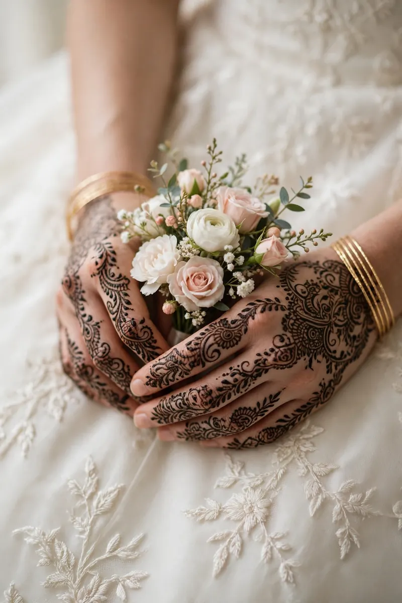 Bride's hands with intricate henna designs and gold bangles holding a small bouquet of white and blush flowers