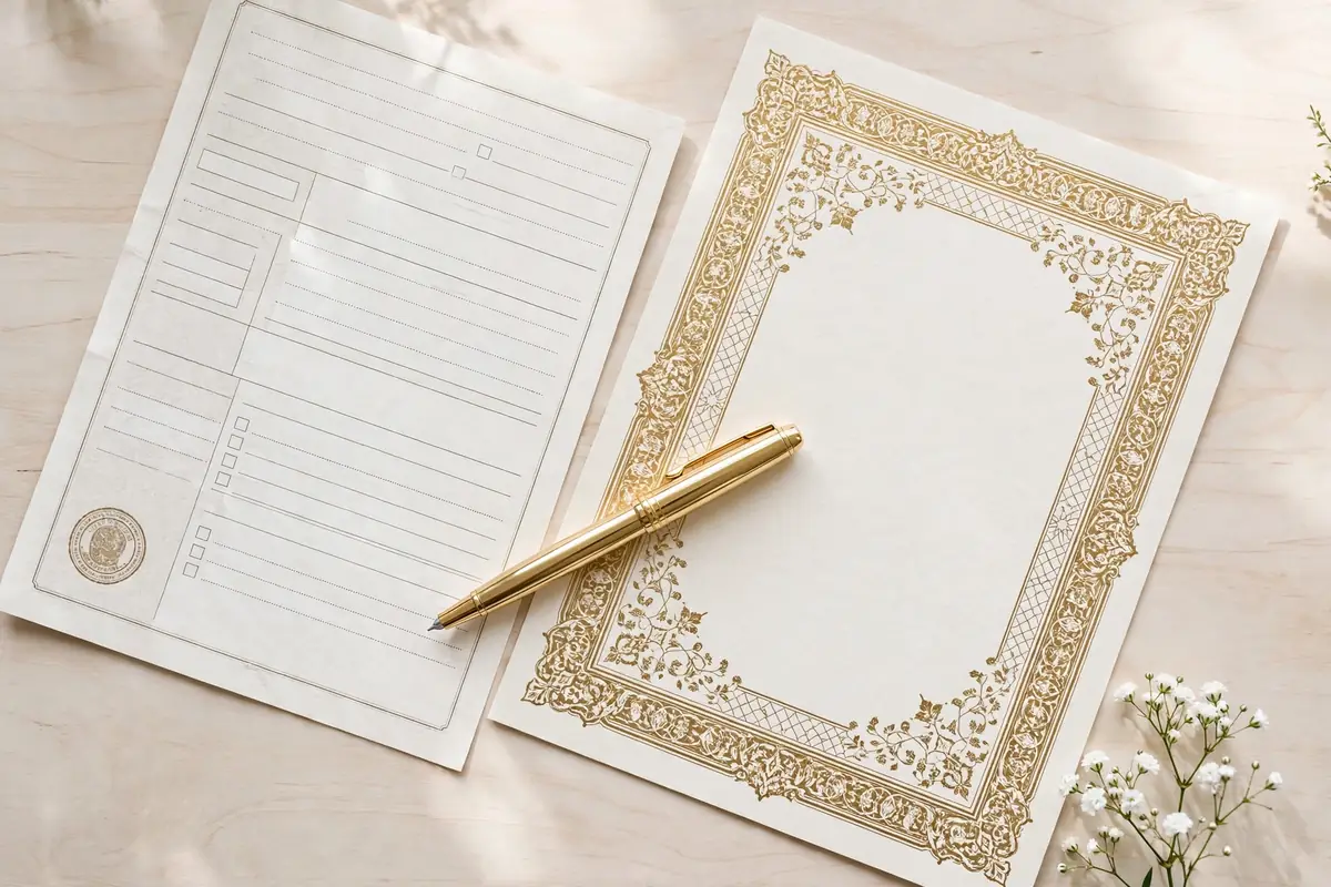 Flat lay of a marriage license form, ornate Islamic marriage contract, fountain pen, and white flower on a wooden desk