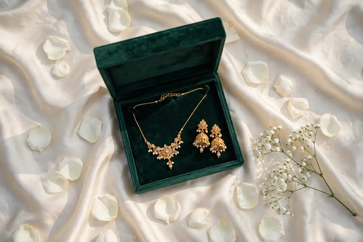 Gold necklace and earrings in a velvet jewelry box on ivory silk with white rose petals, a traditional mehr gift