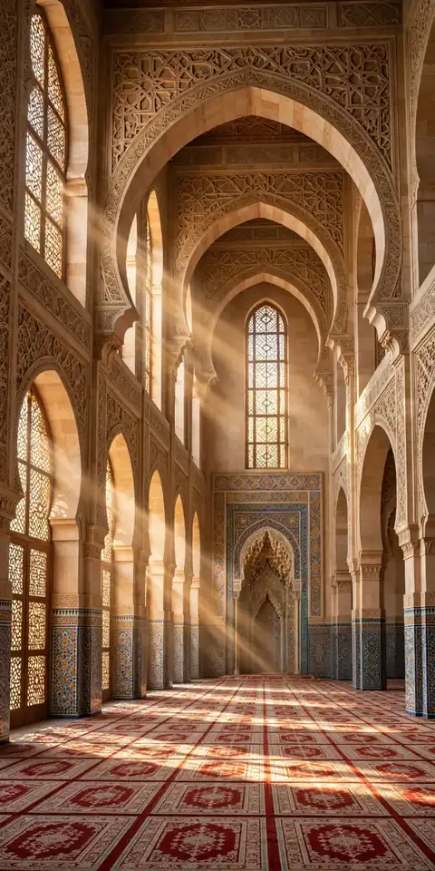 Grand mosque interior with repeating arches, Islamic geometric patterns, and rows of prayer rugs in soft golden light