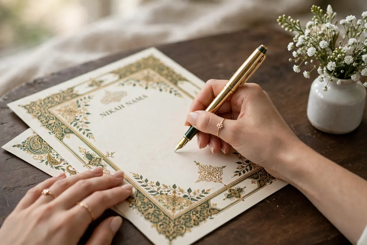 Close-up of hands signing a decorative Islamic marriage contract with ornate gold borders using a fountain pen