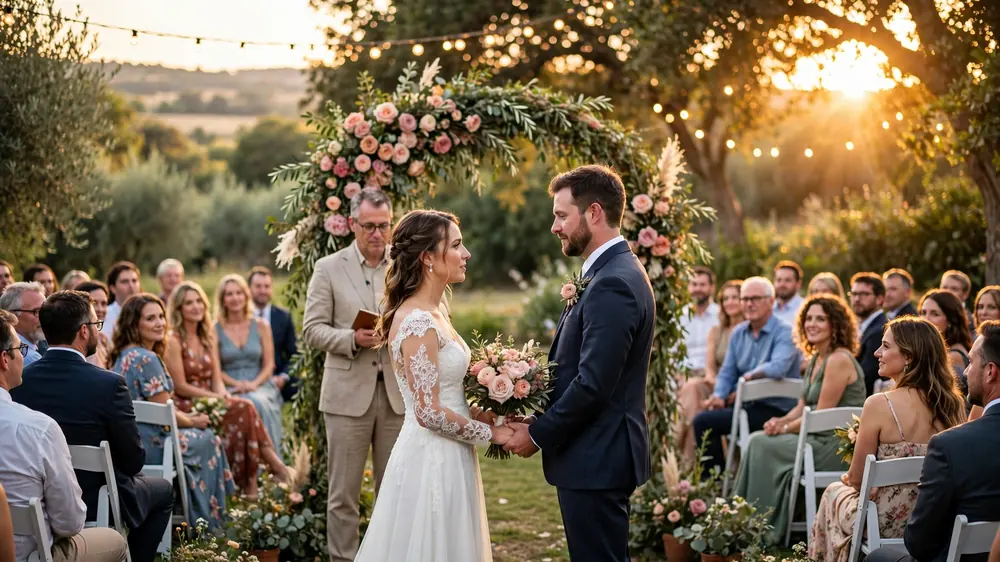 Outdoor wedding ceremony at golden hour with couple exchanging vows under floral arch