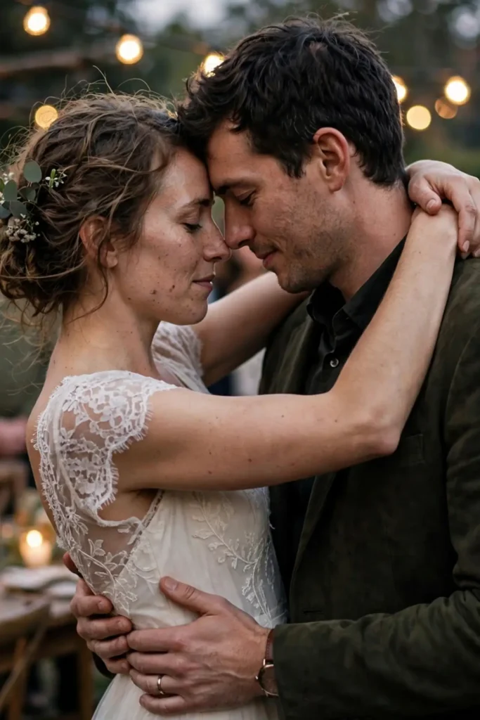 Newlywed couple sharing their first dance at an intimate evening wedding surrounded by a small circle of guests under string lights