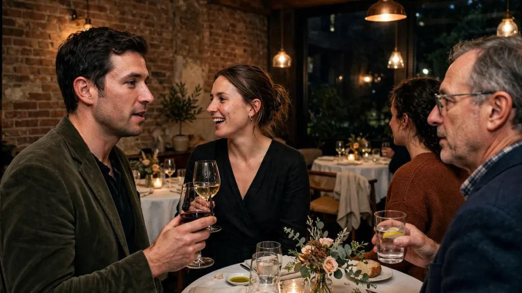 Intimate wedding reception in an elegant restaurant private dining room with candlelit tables and warm ambient lighting