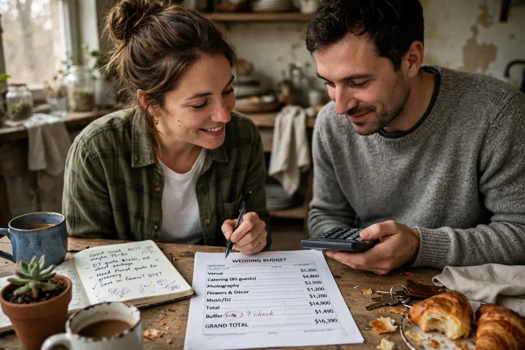 Happy couple reviewing wedding budget spreadsheet with calculator at kitchen table