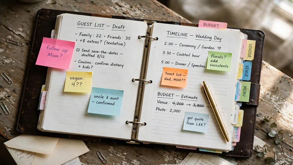 Open wedding planner binder with tabbed dividers, colorful sticky notes and a gold pen on a wooden desk