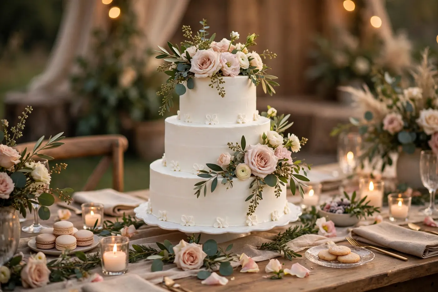 Three-tier white wedding cake with fresh flowers on decorated dessert table
