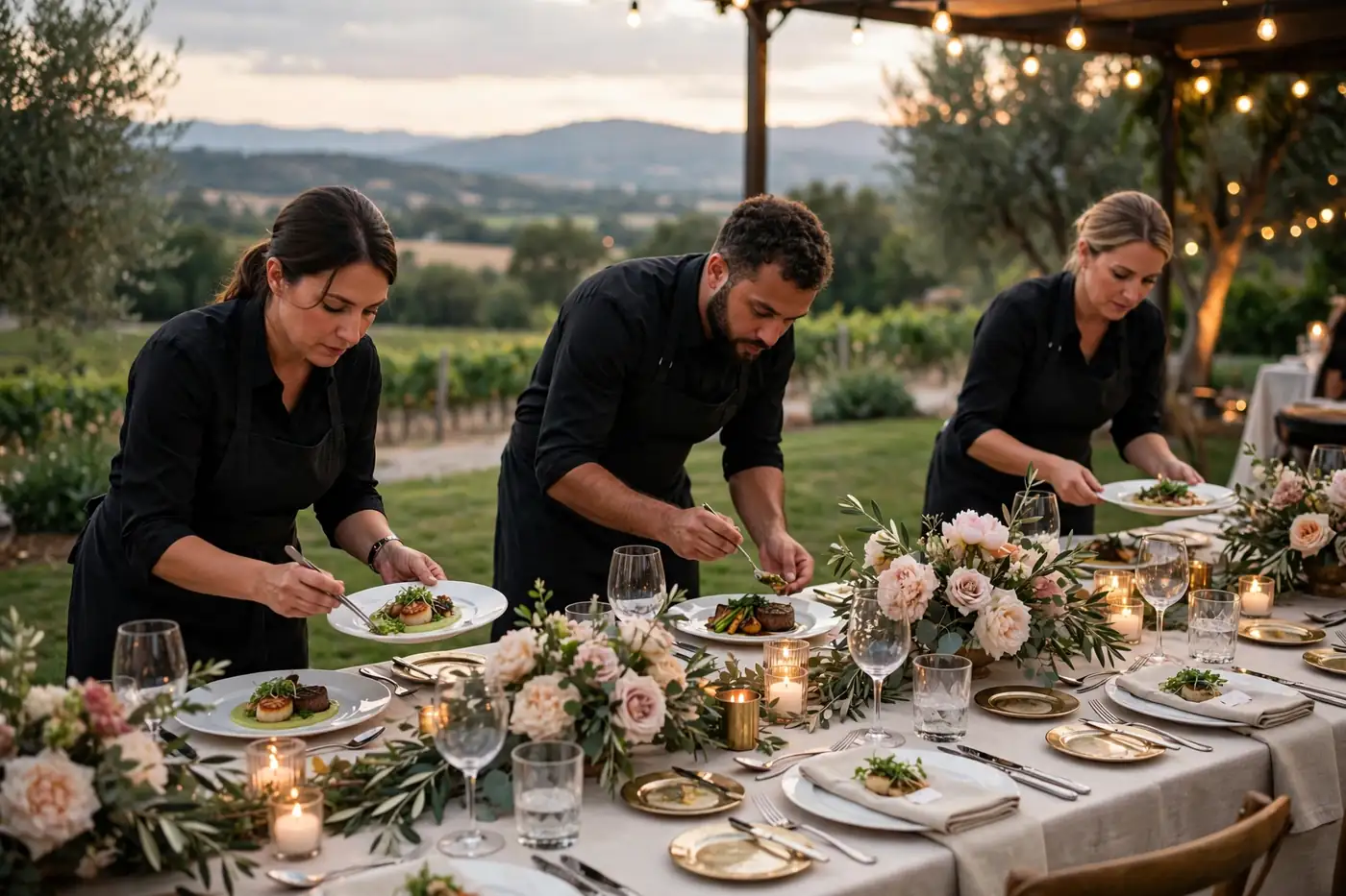 Wedding catering staff plating fine dining dinner at reception banquet table