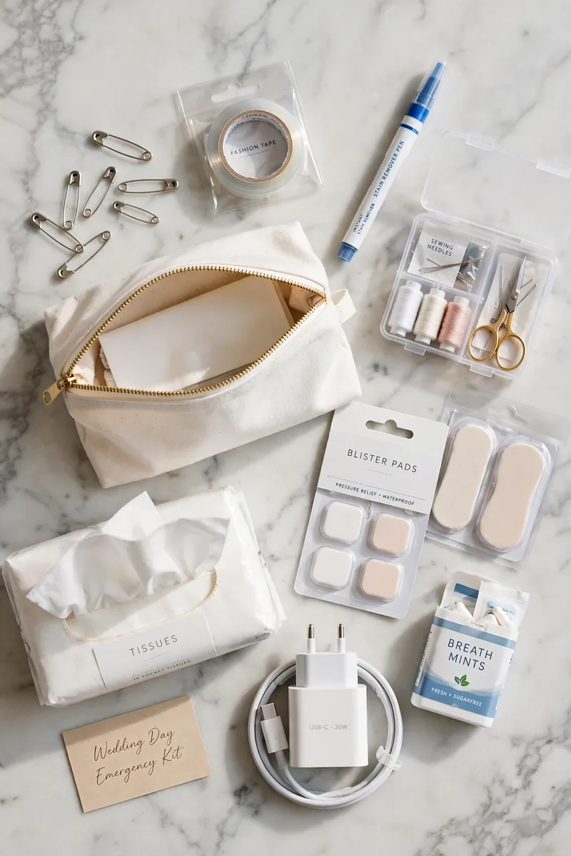 Wedding day emergency kit flat lay with safety pins, fashion tape and sewing kit
