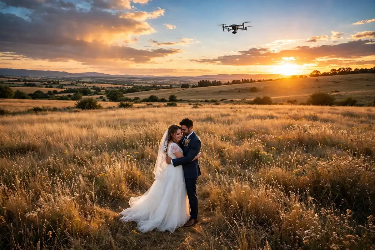 Bride and groom embracing in a field at sunset with a camera drone flying overhead