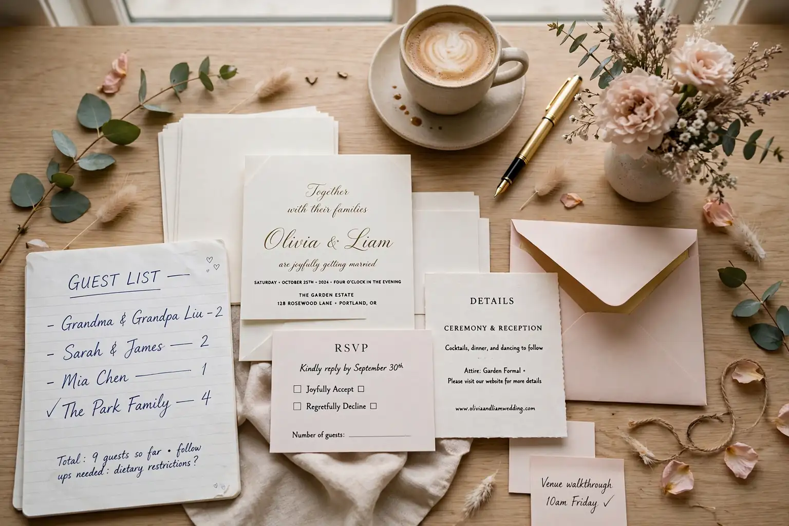 Flat lay of wedding planning essentials including handwritten guest list notes, invitation samples, pen, and flowers on a desk