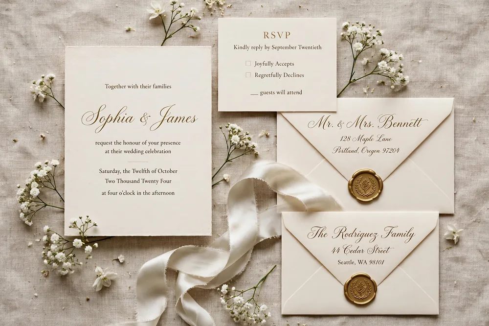 Wedding invitation suite flat lay with envelopes, wax seal and calligraphy