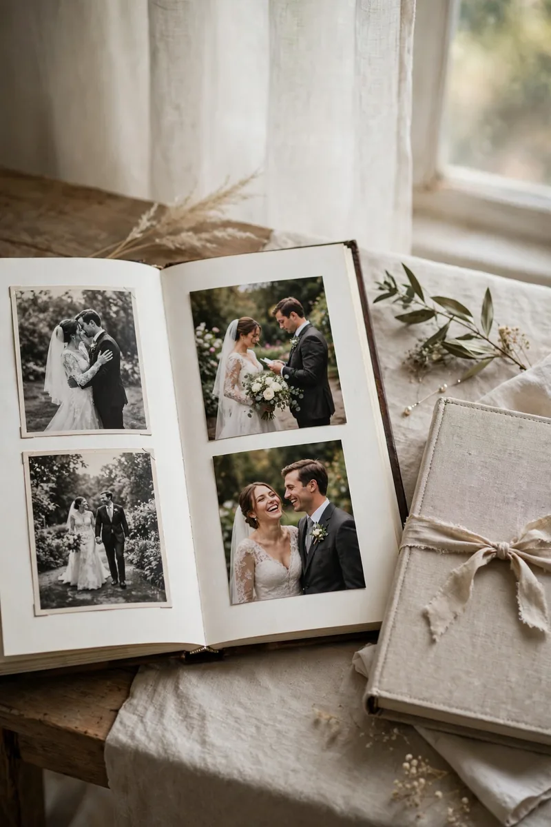 Open heirloom wedding photo album with printed portraits beside a linen-bound cover in soft window light