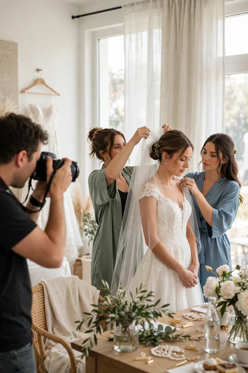 Photographer capturing a candid moment as bridesmaids help the bride with her veil in a bright bridal suite