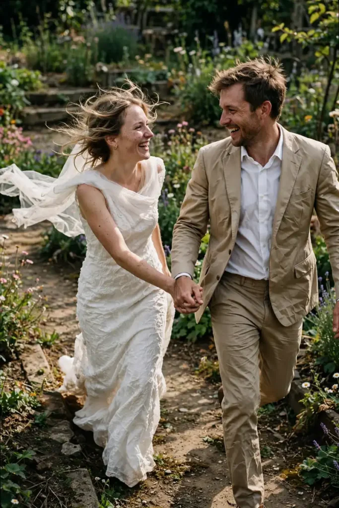 Bride and groom holding hands walking through a sunlit garden in a candid wedding moment