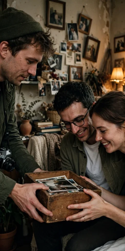 Wedding photographer handing a wooden keepsake box of printed photos to a happy couple