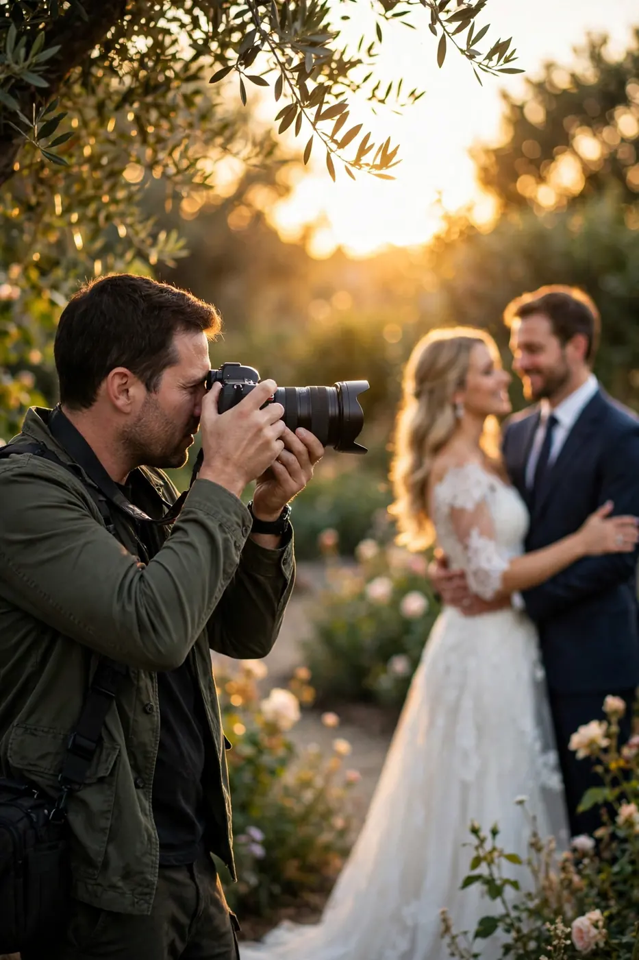 Wedding photographer capturing bride and groom at golden hour in garden